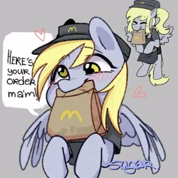 Size: 1000x1000 | Tagged: safe, artist:sugarpersonlove, derpibooru import, derpy hooves, pegasus, pony, bag, blushing, clothes, female, gray background, hat, heart, image, jpeg, mcdonald's, mouth hold, paper bag, simple background, smiling, solo, speech, speech bubble, talking, uniform, wings