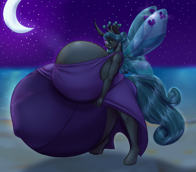 Size: 1280x1123 | Tagged: questionable, artist:blues64, artist:yina, derpibooru import, queen chrysalis, anthro, changeling, changeling queen, unguligrade anthro, beach, belly, big belly, big breasts, breasts, female, glasses, huge belly, huge breasts, hyper, hyper belly, hyper breasts, hyper pregnancy, image, impossibly large belly, impossibly large breasts, jpeg, mirror universe, moon, pregnant, reversalis, solo, stars