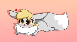 Size: 4294x2364 | Tagged: safe, artist:kittyrosie, derpibooru import, part of a set, derpy hooves, eevee, blushing, cute, derpabetes, female, gradient background, heart, high res, image, lying down, png, pokefied, pokémon, signature, simple background, solo, tongue out