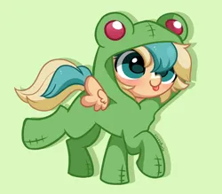 Size: 3038x2658 | Tagged: safe, artist:kittyrosie, derpibooru import, oc, unofficial characters only, frog, pegasus, animal costume, clothes, commission, costume, cute, green background, image, ocbetes, png, simple background, tongue out
