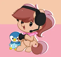 Size: 2773x2599 | Tagged: safe, artist:kittyrosie, derpibooru import, oc, unofficial characters only, earth pony, pegasus, piplup, pony, commission, cute, headphones, image, ocbetes, plushie, png, pokémon, simple background