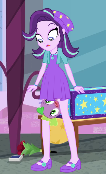 Size: 574x936 | Tagged: questionable, derpibooru import, edit, spike, spike the regular dog, starlight glimmer, dog, equestria girls, alternate clothes, alternate hairstyle, between legs, biting, blushing, clothes, female, image, looking down, looking up, lucky bastard, magic show, magician outfit, male, png, shipping, skirt, sparlight, straight, stupid sexy starlight glimmer, unf
