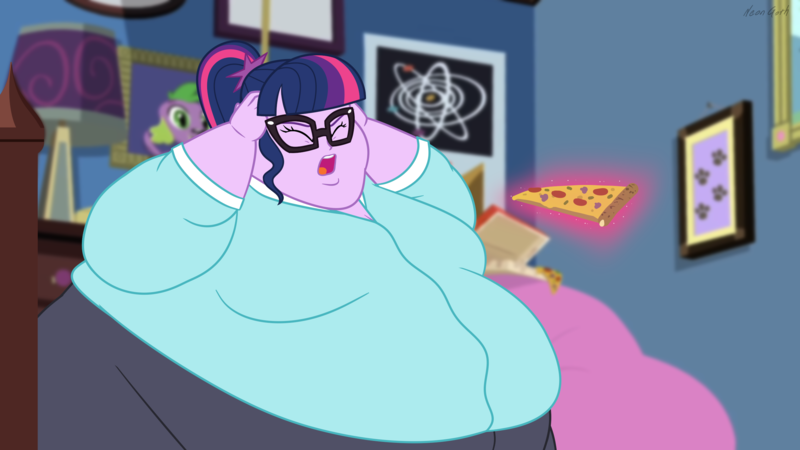 Size: 2560x1440 | Tagged: safe, artist:neongothic, derpibooru import, sci-twi, spike, twilight sparkle, dog, equestria girls, bbw, belly, big belly, bingo wings, breasts, busty sci-twi, chubby cheeks, double chin, fat, fat boobs, fat fetish, female, fetish, food, glasses, huge belly, image, impossibly large belly, magic, meme, morbidly obese, obese, pizza, png, ponytail, sci-twilard, solo, spike the dog, ssbbw, telekinesis, twilard sparkle, weight gain