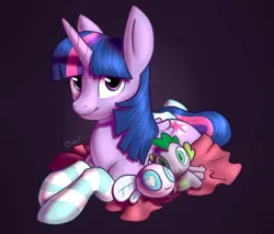 Size: 3067x2608 | Tagged: safe, artist:yaisoula, derpibooru import, spike, twilight sparkle, twilight sparkle (alicorn), alicorn, dragon, parasprite, pony, clothes, female, high res, image, lying down, mare, plushie, png, prone, socks, spike plushie, striped socks