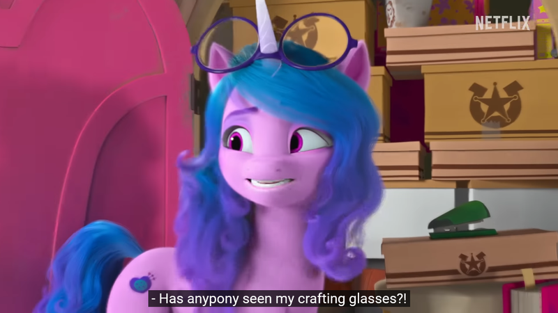 Size: 1366x768 | Tagged: safe, derpibooru import, screencap, izzy moonbow, pony, unicorn, my little pony: make your mark, my little pony: make your mark chapter 2, spoiler:my little pony: make your mark chapter 2, box, caption, closet, g5, glasses, image, izzy does it, logo, netflix, netflix logo, png, solo, stapler, text