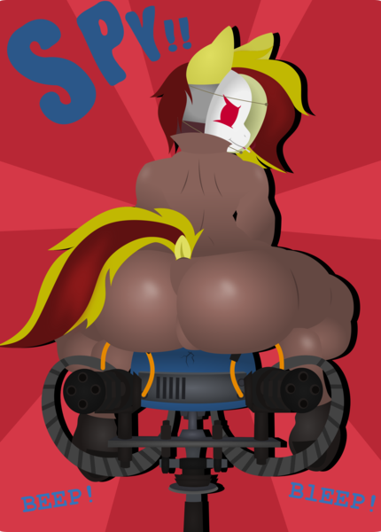 Size: 1970x2750 | Tagged: suggestive, artist:isaac_pony, derpibooru import, oc, oc:petit rouge, earth pony, pony, semi-anthro, ass, butt, cigarette, clothes, female, gun, image, looking at you, looking back, looking back at you, mask, png, pocket watch, sentry, simple background, smiling, solo, spy, suit, tail, team fortress 2, text, tied, vector, weapon