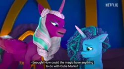 Size: 1366x764 | Tagged: safe, derpibooru import, screencap, opaline, alicorn, pony, unicorn, g5, my little pony: make your mark, my little pony: make your mark chapter 2, spoiler:g5, spoiler:my little pony: make your mark, spoiler:my little pony: make your mark chapter 2, caption, condescending, image, izzy does it, logo, misty brightdawn, netflix, netflix logo, png, sad, text