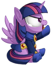 Size: 333x418 | Tagged: safe, artist:berrypawnch, derpibooru import, edit, twilight sparkle, twilight sparkle (alicorn), alicorn, pony, boots, cloak, clothes, dc comics, female, gem, horn, image, mare, png, raven (dc comics), shoes, simple background, sitting, smiling, spread wings, tara strong, teen titans, transparent background, twiraven, voice actor joke, wings