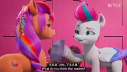 Size: 1366x768 | Tagged: safe, derpibooru import, screencap, sunny starscout, zipp storm, earth pony, pegasus, pony, my little pony: make your mark, my little pony: make your mark chapter 2, spoiler:my little pony: make your mark chapter 2, accessory, caption, g5, image, izzy does it, logo, netflix, netflix logo, note, paper, png, storm, text