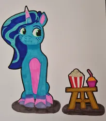 Size: 2891x3297 | Tagged: safe, artist:magicnova, derpibooru import, pony, unicorn, g5, my little pony: a new generation, my little pony: make your mark, coat markings, cute, derpibooru exclusive, drink, female, food, freckles, furniture, image, jpeg, mare, misty brightdawn, mistybetes, nervous, popcorn, scrunchy face, simple background, sitting, smoothie, socks (coat marking), solo, stool, straw, that pony sure does love popcorn, traditional art, unshorn fetlocks, white background