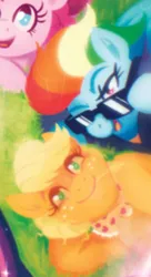 Size: 584x1073 | Tagged: safe, artist:justasuta, derpibooru import, idw, official, applejack, rainbow dash, my little pony: a new generation, the last problem, spoiler:comic, spoiler:g5comic, spoiler:g5comic09, comic cover, cover art, g5, image, implied appledash, implied lesbian, implied shipping, jpeg, looking at you, lying down, older, older applejack, older rainbow dash, shipping fuel, sunglasses