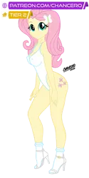 Size: 399x800 | Tagged: suggestive, artist:chancero, derpibooru import, fluttershy, equestria girls, clothes, high heels, image, leotard, png, shoes, thong leotard