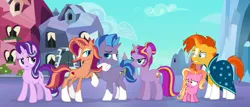 Size: 1024x437 | Tagged: safe, artist:lillyleaf101, derpibooru import, luster dawn, sunburst, oc, oc:comet trail, oc:rose gold, oc:star chaser, pony, unicorn, female, image, jpeg, male, mare, offspring, parent:starlight glimmer, parent:sunburst, parents:starburst, stallion