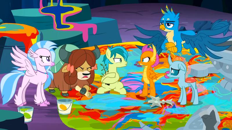 Size: 1600x898 | Tagged: safe, derpibooru import, screencap, gallus, ocellus, sandbar, silverstream, smolder, yona, changedling, changeling, classical hippogriff, dragon, earth pony, gryphon, hippogriff, pony, yak, uprooted, angry, bow, cloven hooves, colored hooves, dragoness, female, gallus is not amused, hair bow, hoof hold, image, jewelry, monkey swings, necklace, paint, paint bucket, png, sapling, silverstream is not amused, spread wings, student six, unamused, wings
