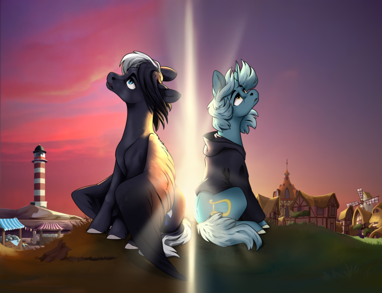 Size: 2700x2072 | Tagged: safe, artist:28gooddays, derpibooru import, lyra heartstrings, oc, pegasus, pony, unicorn, clothes, commission, duo, hoodie, image, lighthouse, png, ponyville, sad
