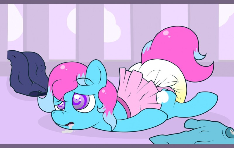 Size: 1280x814 | Tagged: questionable, alternate version, artist:itshiptoflunkbees, derpibooru import, oc, oc:softandfluffy, unofficial characters only, clothes, crossdressing, cute, diaper, drool, hypnosis, hypnotized, image, jpeg, male, mental regression, non-baby in diaper, playpen, poofy diaper, sissy, solo, swirly eyes, urine, wet diaper