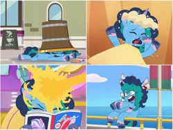 Size: 1992x1496 | Tagged: safe, derpibooru import, screencap, pony, unicorn, g5, my little pony: tell your tale, spoiler:g5, spoiler:my little pony: tell your tale, spoiler:tyts01e29, dragon dad, image, jpeg, misty brightdawn, paper airplane, sand, shampoo, trash can