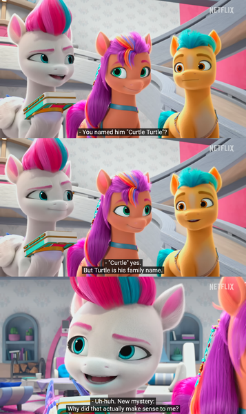 Size: 1366x2296 | Tagged: safe, derpibooru import, edit, edited screencap, screencap, hitch trailblazer, sunny starscout, zipp storm, earth pony, pegasus, pony, my little pony: make your mark, my little pony: make your mark chapter 2, spoiler:g5, spoiler:my little pony: make your mark chapter 2, caption, comic, firewood, g5, image, izzy does it, logo, meme, mobile phone, netflix, netflix logo, phone, png, recording, screencap comic, shelf, stairs, table, text, youtube caption