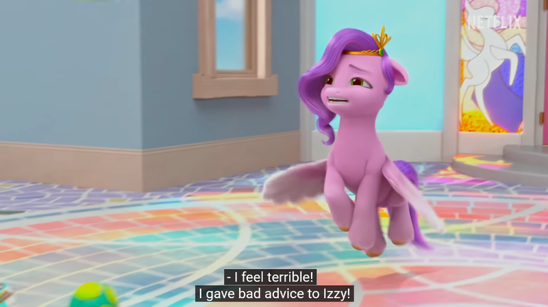 Size: 1364x766 | Tagged: safe, derpibooru import, edit, edited screencap, screencap, pipp petals, pegasus, pony, my little pony: make your mark, my little pony: make your mark chapter 2, spoiler:g5, spoiler:my little pony: make your mark chapter 2, caption, floating, g5, image, izzy does it, logo, meme, netflix, netflix logo, png, sad, solo, stained glass window, text, tiled floor, upset, window, youtube caption