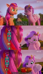 Size: 1360x2332 | Tagged: safe, derpibooru import, edit, edited screencap, screencap, pipp petals, sunny starscout, g5, my little pony: make your mark, my little pony: make your mark chapter 2, spoiler:g5, spoiler:my little pony: make your mark chapter 2, accessory, caption, case, comic, confused, gold, image, izzy does it, logo, netflix, netflix logo, outdoors, png, present, screencap comic, text