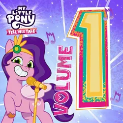 Size: 3000x3000 | Tagged: safe, derpibooru import, official, pipp petals, pegasus, pony, my little pony: tell your tale, abstract background, album cover, female, g5, image, jpeg, mare, microphone, microphone stand, music notes, my little pony logo