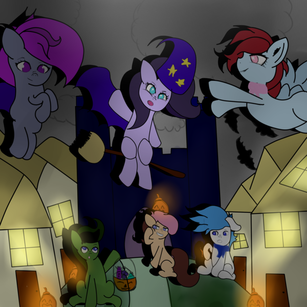 Size: 3000x3000 | Tagged: safe, artist:houndy, derpibooru import, oc, oc:doomi, oc:jester quinn, oc:mosskin, oc:novi, oc:saphirblau, oc:strawberry jam, bat pony, earth pony, pegasus, bats!, bat wings, earth pony oc, group, group photo, halloween, hat, holiday, image, lighting, night, nightmare night, pegasus oc, png, pumpkin, trick or treat, wings, witch hat