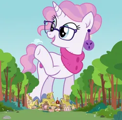 Size: 1280x1262 | Tagged: safe, artist:boneswolbach, artist:cirillaq, artist:jaredking779, derpibooru import, raspberry latte, pony, unicorn, female, giant pony, giant unicorn, giantess, glasses, houses, image, jewelry, macro, mare, mega giant, open mouth, png, ponyville, raised hoof, smiling, solo, tree