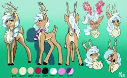 Size: 6036x3703 | Tagged: safe, artist:mekblue, derpibooru import, oc, oc:karolin, deer, reindeer, angry, butt, chest fluff, clothes, color palette, fluffy, happy, horns, image, laughing, magic, png, reference sheet, scarf, simple background, tied mane, unshorn fetlocks