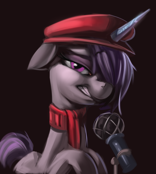 Size: 722x805 | Tagged: safe, artist:applepost67, derpibooru import, onyx, unnamed character, unnamed pony, pony, unicorn, my little pony: a new generation, background pony, beatnik pony, beret, clothes, female, g5, hat, horn, image, mare, microphone, one eye covered, png, scarf, solo