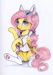 Size: 2039x2894 | Tagged: safe, artist:lailyren, derpibooru import, fluttershy, pegasus, pony, alternate hairstyle, animal costume, aside glance, behaving like a cat, bow, cat costume, cat ears, clothes, costume, ear fluff, female, fluttercat, folded wings, hair bow, high res, image, jpeg, looking at you, mare, paw socks, raised hoof, scrunchie, shirt, sideways glance, simple background, sitting, solo, t-shirt, three quarter view, traditional art, white background, wings