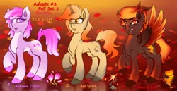 Size: 1550x800 | Tagged: safe, artist:shad0w-galaxy, derpibooru import, oc, oc:ash spark, oc:autumn crocus, oc:blazing gale, unofficial characters only, earth pony, pegasus, pony, unicorn, adoptable, advertisement, auction, auction open, autumn, colored wings, cute, cutie mark, female, gradient background, gradient hooves, gradient mane, gradient wings, image, leaves, mare, open mouth, png, raised hoof, smiling, spread wings, tongue out, unshorn fetlocks, wings