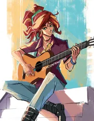 Size: 1280x1638 | Tagged: safe, artist:chickendrawsdogs, derpibooru import, ray, sunset shimmer, gecko, human, leopard gecko, equestria girls, boots, clothes, geode of empathy, guitar, hair tie, humanized, image, jpeg, magical geodes, musical instrument, shoes