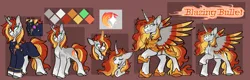 Size: 3388x1078 | Tagged: safe, artist:rockin_candies, derpibooru import, oc, oc:blazing bullet, unofficial characters only, alicorn, pony, unicorn, belt buckle, clothes, craft, engraving, glow, glowing horn, grin, horn, image, png, princess celestia's cutie mark, reference, reference sheet, smiling, solo, twilight sparkle's cutie mark, uniform
