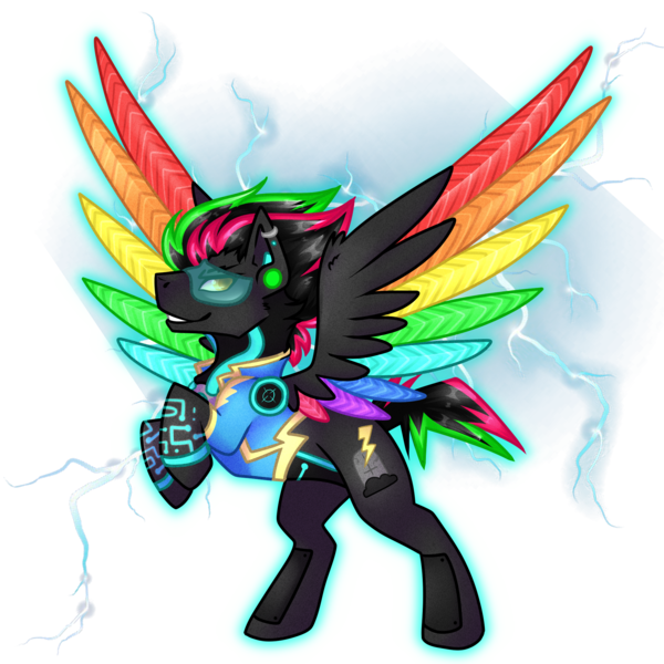 Size: 2000x2000 | Tagged: safe, artist:acidkrypt, derpibooru import, oc, oc:krypt, pegasus, pony, clothes, cyber, cyberpunk, image, male, neon, piercing, png, rainbow, stallion, uniform, wonderbolts uniform