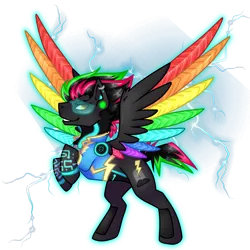 Size: 2000x2000 | Tagged: safe, artist:acidkrypt, derpibooru import, oc, oc:krypt, pegasus, pony, clothes, cyber, cyberpunk, image, male, neon, piercing, png, rainbow, stallion, uniform, wonderbolts uniform