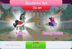 Size: 1267x862 | Tagged: safe, derpibooru import, idw, official, king sombra, pony, unicorn, black mane, black tail, bundle, bush, bust, cape, clothes, costs real money, crystal, english, gray coat, grey fur, horn, idw showified, image, jpeg, male, metal, numbers, reformed sombra, royal cape, sale, smiling, solo, solo focus, stallion, tail, text