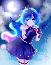 Size: 1500x1900 | Tagged: safe, artist:llamafloof, derpibooru import, princess luna, human, :t, alicorn humanization, blushing, clothes, crown, cute, dress, ear piercing, eared humanization, earring, female, gloves, heart, horn, horned humanization, humanized, image, jewelry, lunabetes, necklace, piercing, png, regalia, skirt, solo, winged humanization, wings
