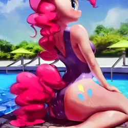 Size: 1024x1024 | Tagged: suggestive, derpibooru import, machine learning generated, purplesmart.ai, stable diffusion, pinkie pie, anthro, ass, bedroom eyes, butt, clothes, hot, image, kneeling, one-piece swimsuit, png, purple swimsuit, solo, stupid sexy pinkie, swimming pool, swimsuit