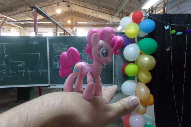 Size: 4608x3072 | Tagged: safe, artist:dingopatagonico, derpibooru import, pinkie pie, earth pony, pony, balloon, chalkboard, hand, image, irl, jpeg, photo, solo, toy