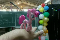 Size: 4608x3072 | Tagged: safe, artist:dingopatagonico, derpibooru import, pinkie pie, earth pony, pony, balloon, chalkboard, hand, image, irl, jpeg, photo, solo, toy