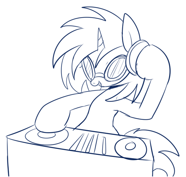 Size: 979x928 | Tagged: safe, artist:maren, derpibooru import, vinyl scratch, pony, unicorn, bipedal, doodle, glasses, headphones, image, open mouth, png, smiling, solo, turntable