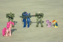 Size: 4608x3072 | Tagged: safe, artist:dingopatagonico, derpibooru import, pinkie pie, starlight glimmer, sunburst, earth pony, pony, unicorn, gundam, image, irl, jpeg, leo mobile suit, photo, toy, vayeate mobile doll