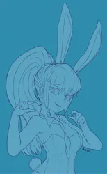 Size: 3360x5466 | Tagged: safe, artist:maren, derpibooru import, sonata dusk, equestria girls, bunny ears, bunny suit, clothes, fangs, female, gesture, high res, image, implied small penis, jpeg, monochrome, playboy bunny, solo