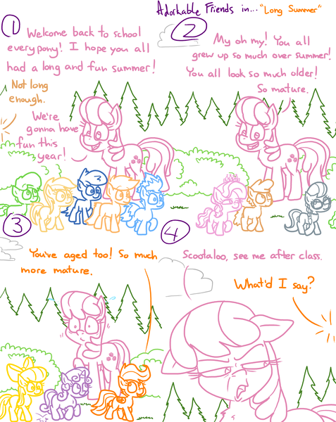 Size: 4779x6013 | Tagged: safe, artist:adorkabletwilightandfriends, derpibooru import, apple bloom, cheerilee, diamond tiara, noi, scootaloo, silver spoon, sweetie belle, oc, oc:johnny, oc:trevor, earth pony, pegasus, pony, unicorn, comic:adorkable twilight and friends, adorkable, adorkable friends, age difference, age progression, angry, autumn, comic, cute, cutie mark crusaders, disgusted, dork, earnest schoolpony, expression, expressions, facial expressions, female, filly, foal, funny, grass, hopping, humor, image, jumping, older, outdoors, png, school, tree, upset, walking