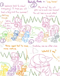 Size: 4779x6013 | Tagged: safe, artist:adorkabletwilightandfriends, derpibooru import, apple bloom, cheerilee, diamond tiara, noi, scootaloo, silver spoon, sweetie belle, oc, oc:johnny, oc:trevor, earth pony, pegasus, pony, unicorn, comic:adorkable twilight and friends, adorkable, adorkable friends, age difference, age progression, angry, autumn, comic, cute, cutie mark crusaders, disgusted, dork, earnest schoolpony, expression, expressions, facial expressions, female, filly, foal, funny, grass, hopping, humor, image, jumping, older, outdoors, png, school, tree, upset, walking