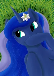 Size: 1024x1449 | Tagged: safe, artist:fizzban08, derpibooru import, princess luna, alicorn, pony, digital art, female, flower, flower in hair, grass, hoof over mouth, image, jpeg, lying down, lying on the ground, mischievous, on back, raised hoof, solo