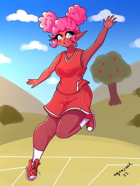 Size: 1800x2400 | Tagged: safe, artist:mylittleyuri, derpibooru import, pinkie pie, human, alternate hairstyle, apple, apple tree, armpits, buckball uniform, clothes, converse, dark skin, elf ears, female, food, humanized, image, open mouth, pinktails pie, png, shoes, shorts, socks, solo, tanktop, tree