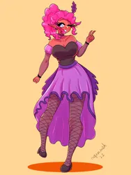 Size: 1800x2400 | Tagged: safe, artist:mylittleyuri, derpibooru import, pinkie pie, human, alternate hairstyle, clothes, dark skin, dress, elf ears, female, fishnets, grin, high heels, humanized, image, one eye closed, peace sign, png, saloon dress, saloon pinkie, shoes, simple background, smiling, socks, solo, stockings, thigh highs, wink, yellow background