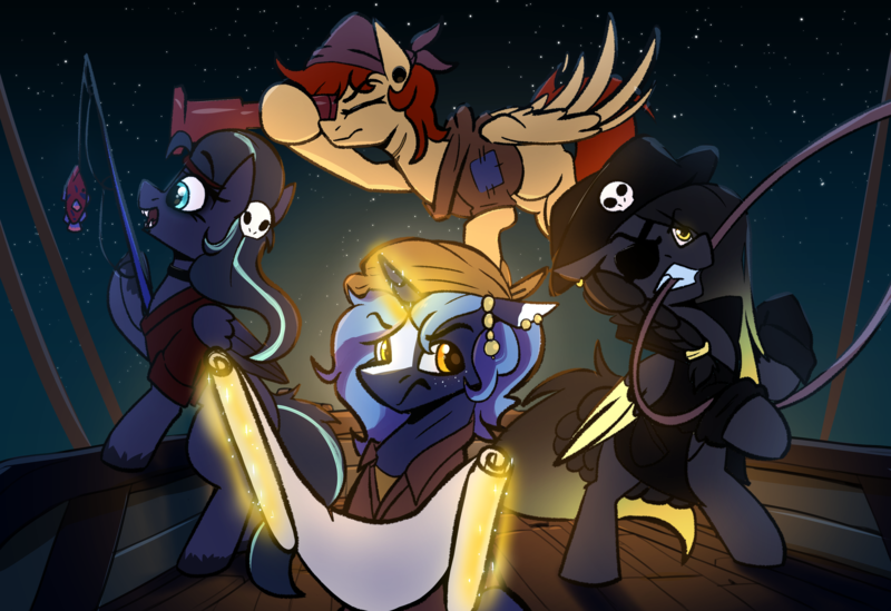 Size: 3348x2298 | Tagged: safe, artist:arume_lux, artist:witchtaunter, derpibooru import, oc, oc:arkessa, oc:eldin, oc:machaera, oc:witching hour, unofficial characters only, fish, pegasus, pony, unicorn, clothes, collaboration, ear piercing, earring, eyepatch, fishing rod, hat, image, jewelry, map, piercing, pirate, pirate hat, pirate ship, png, sea of thieves