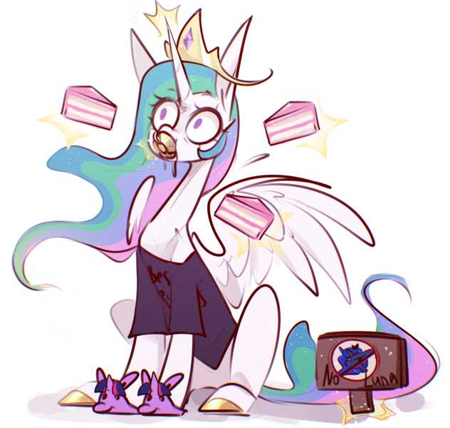 Size: 3508x3328 | Tagged: safe, artist:drakekok, derpibooru import, princess celestia, princess luna, twilight sparkle, alicorn, pony, cake, clothes, crown, female, food, hoof shoes, image, jewelry, meme, mug, png, regalia, sign, slippers, solo, spread wings, stare, that pony sure does love cakes, wings